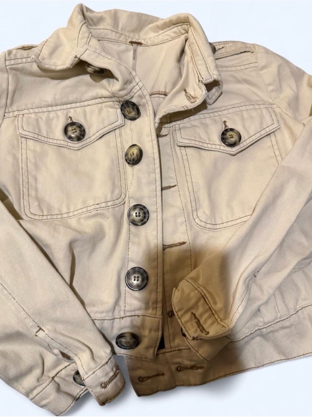 Free People Cream Button-Front Denim Jacket